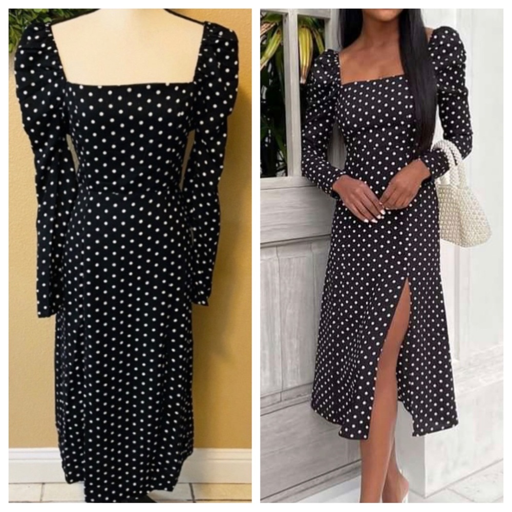 NWT Lulus Charmed and Classy Black Polka Dot Long Sleeve Midi Dress